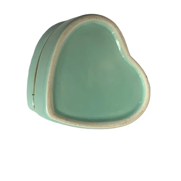 Heart Shaped Ceramic Trinket Box Teal Green 3.5" x 3" x 2.5" Gold Trim - Picture 3 of 8